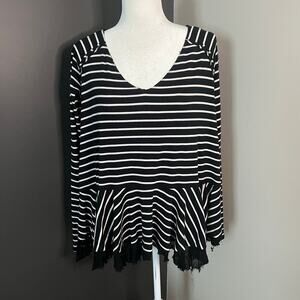 Free People Woman’s Black White Tangerine Striped Long Sleeve Tee Top- Size S